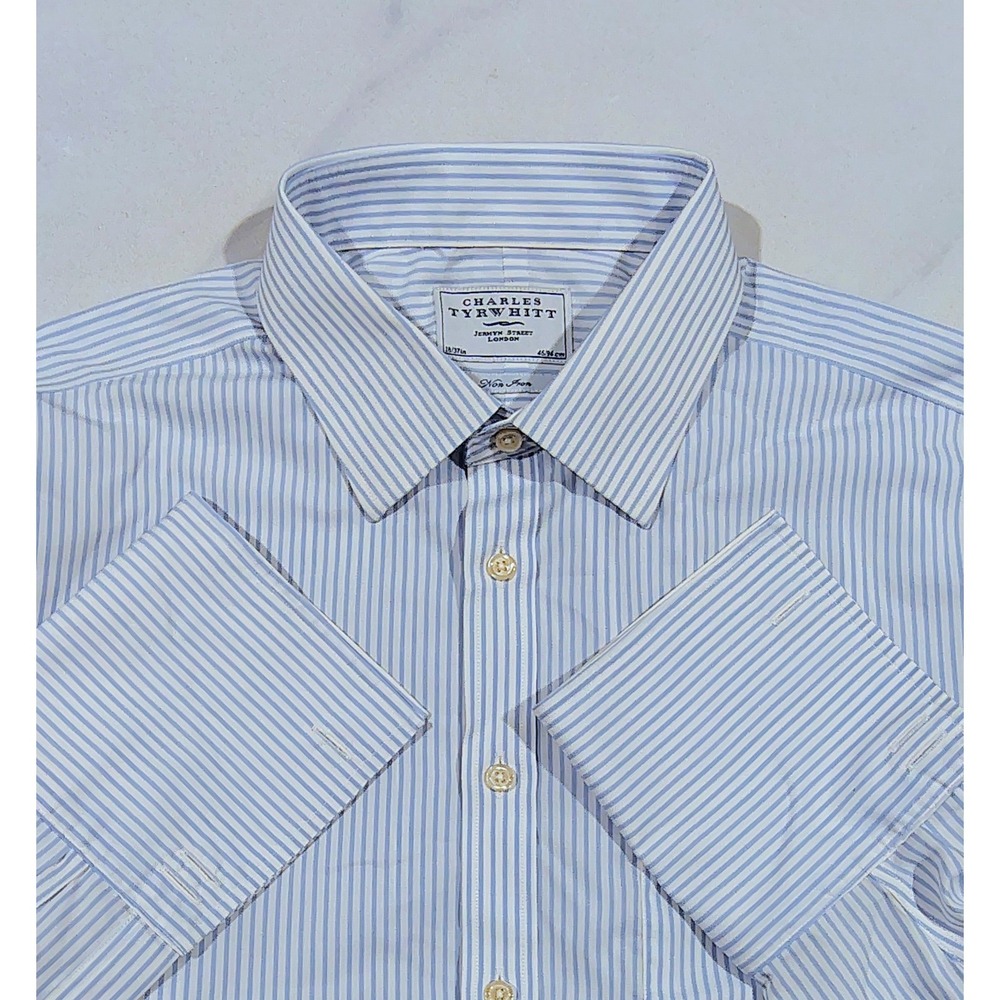 Charles Tyrwhitt Men's Dress Shirt Non-Iron Size 18 / 37 Blue Striped Cotton